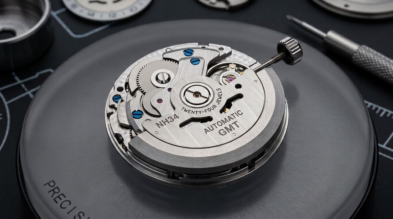 An NH34 automatic GMT movement, rotor uppermost