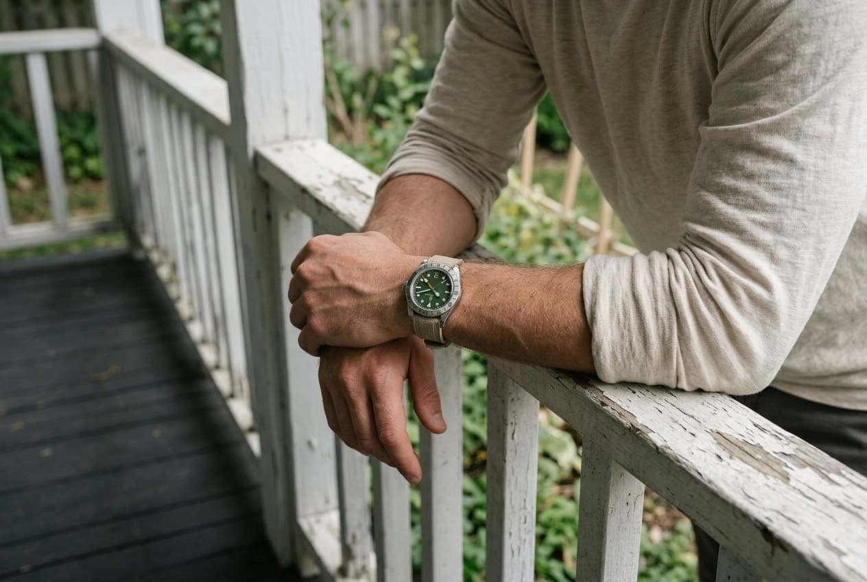 Forearms resting on a painted porch rail